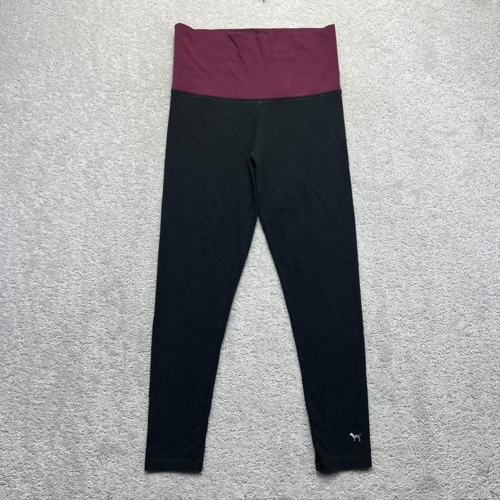 Victoria Secret PINK Yoga Leggings Womens Medium Black Maroon Foldover Waistband